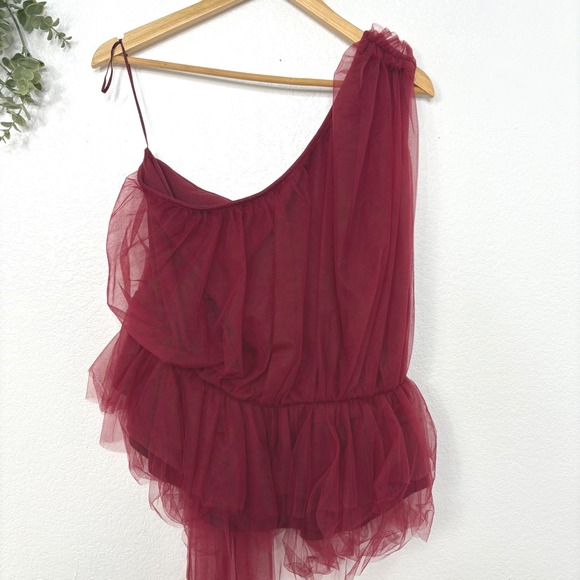 Express Tulle One Shoulder Peplum Top Burgundy Ruffle Tie Size XL - Picture 6 of 6